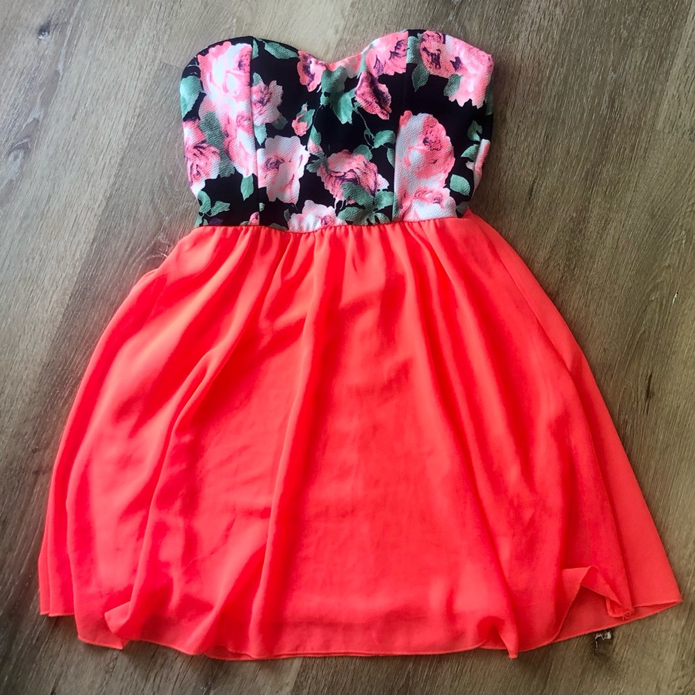 Neon Floral Strapless Dress with Bright Coral Skirt